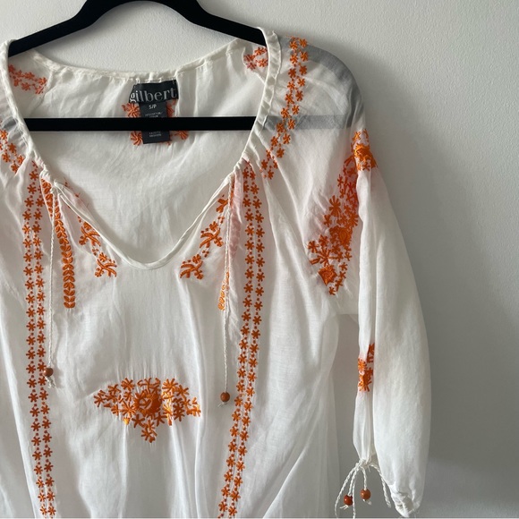 Gilbert white & orange embroidery 3/4 sleeve boho peasant shirt top size small - Picture 2 of 3